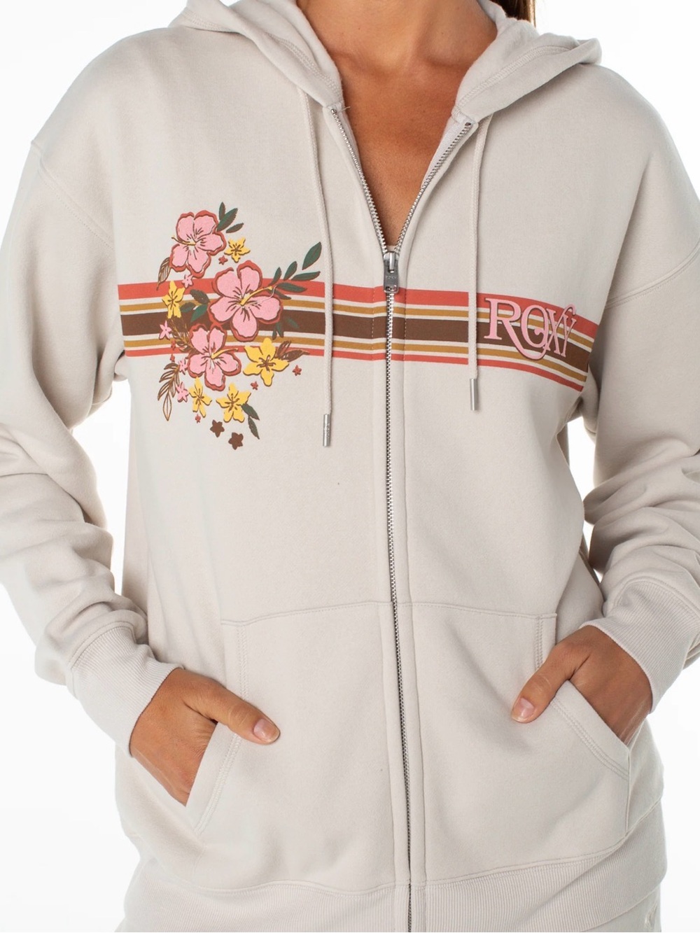 Roxy Tidal Front full Zip Hoodie Beige Retro Cheat Stripes Floral Print Sz XL